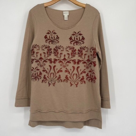 Chico’s 1 Zenergy womens Applique Top Tunic Tan Long Sleeve cotton size medium - Picture 4 of 7